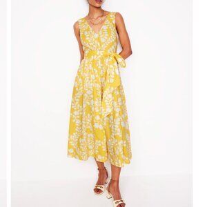 BODEN V-Neck Belted Flare Dress Yellow, Vine Silhouette
